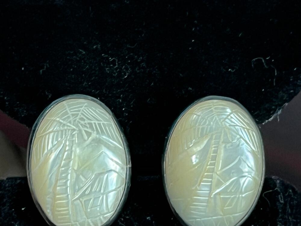 VTG Carved Mother of Pearl Sterling Silver Cufflinks Palm Tree Asian Beachy